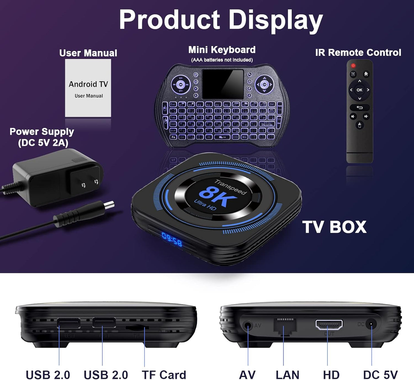 Android TV Box 12.0 2GB 16GB Support 8K Dual-WiFi 2.4G 5.8G TV Box Android H618 Chipset with HDR10 BT4.0 USB 2.0 3D Ethernet with Mini Backlit Keyboard